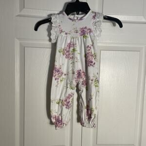 Laura Ashley Romper Baby 12 Mos White Floral Lace Ruffle Cotton One Piece Snaps
